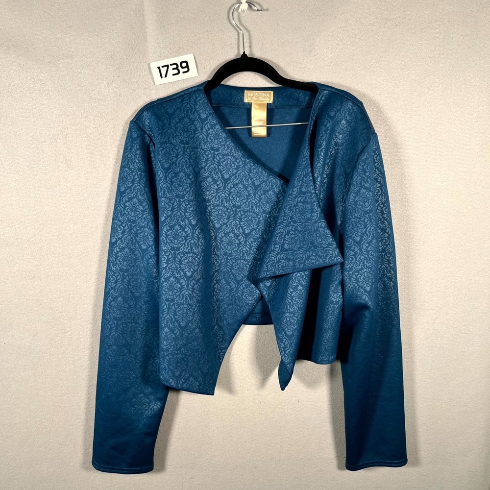 Miss Tina by Tina Knowles Cropped Bolero Jacket Women 2XL Deep Teal Damask Print